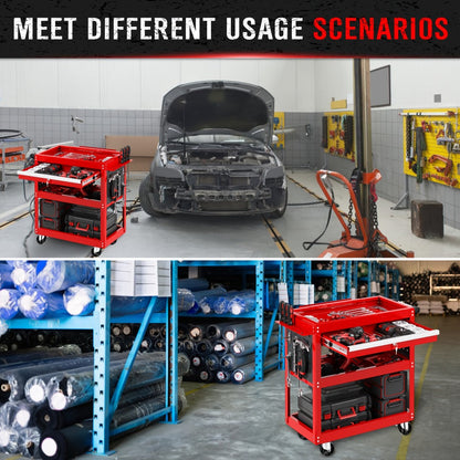 Rolling Tool Cart 3-Tier Pegboard Organizer Locking Drawer 4 Swivel Casters for Garage Workshop Mechanics Black Yellow