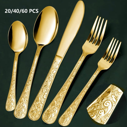 Flatware Set Stainless Steel Vintage Carved Cutlery Set Knife Fork Spoon for Family Gatherings Holiday Parties Kitchen Decor