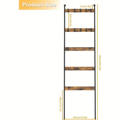 Blanket Ladder 5 Tier Farmhouse Wood with 10 Removable Hooks Wall Leaning Towel Rack Quilt Holder for Living Room Bathroom Bedroom Decor