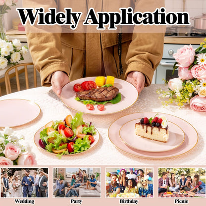 Disposable Plastic Plates Set 50 Piece – Pink Gold Rim Party Tableware with Dinner Plates, Dessert Plates & Utensils for Birthday Wedding