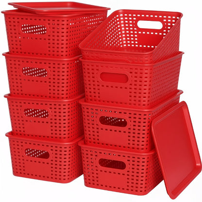 Shelf Storage Organizer Bins with Lids 4 or 8 Pack, Stackable 10 x 7 x 4 Inch Boxes in Four Colors