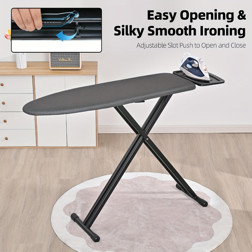 Freestanding Black Ironing Board with Multi-Height X-Leg Frame and Extended Iron-Rest Platform