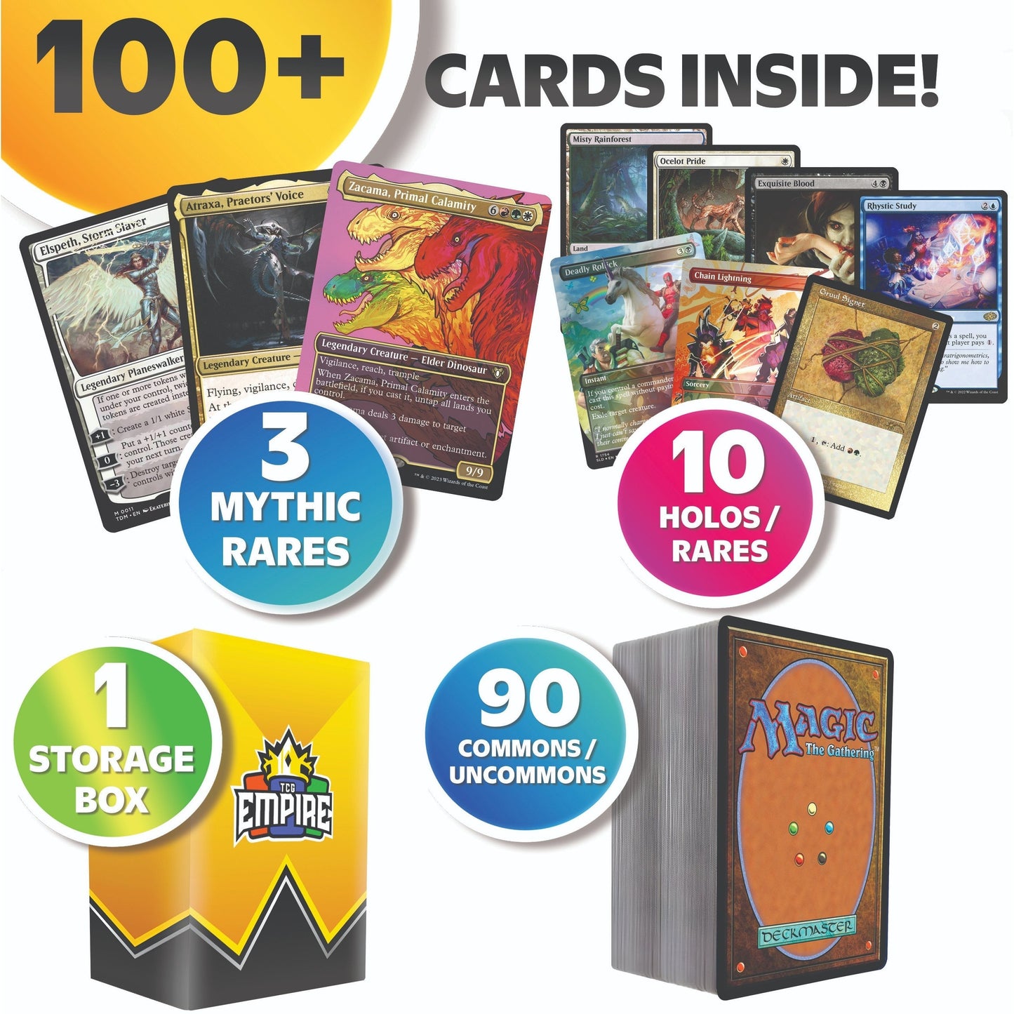 MTG 100 Card Collector Bundle, Magic The Gathering 3 Mythic Rares + 10 Rares or Foils + TCG Storage Box