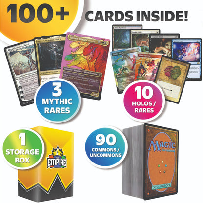 MTG 100 Card Collector Bundle, Magic The Gathering 3 Mythic Rares + 10 Rares or Foils + TCG Storage Box