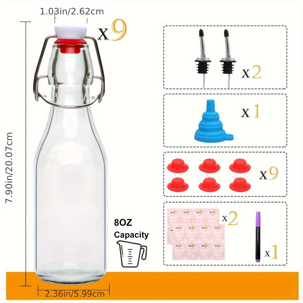 Glass Swing Top Bottles 8.45oz, Round Iron Clasp Airtight Bottle Set with Funnel for Juice, Kombucha