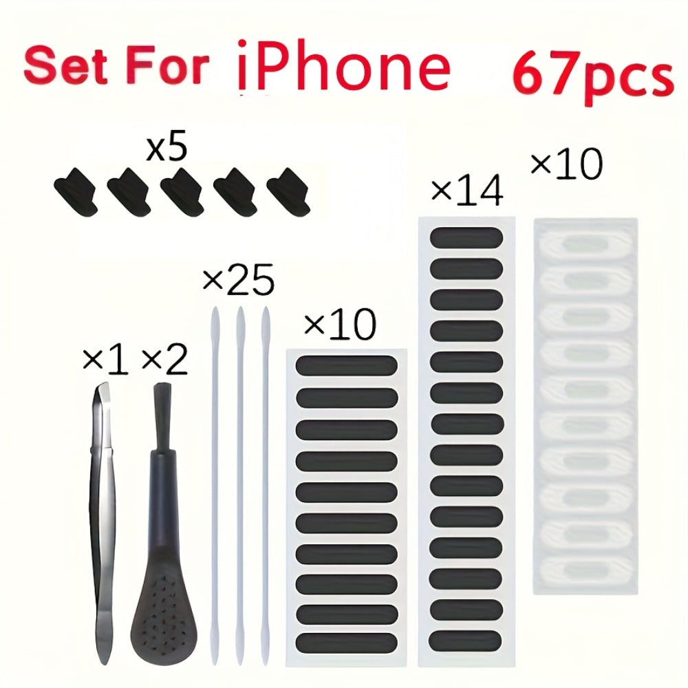 Phone Dust Plug Kit 67PCS – Type-C & Lightning Port Protectors, Speaker Dust Mesh Stickers, Cleaning Brush Set