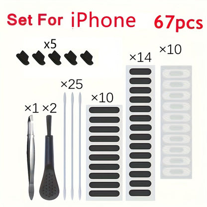 Phone Dust Plug Kit 67PCS – Type-C & Lightning Port Protectors, Speaker Dust Mesh Stickers, Cleaning Brush Set