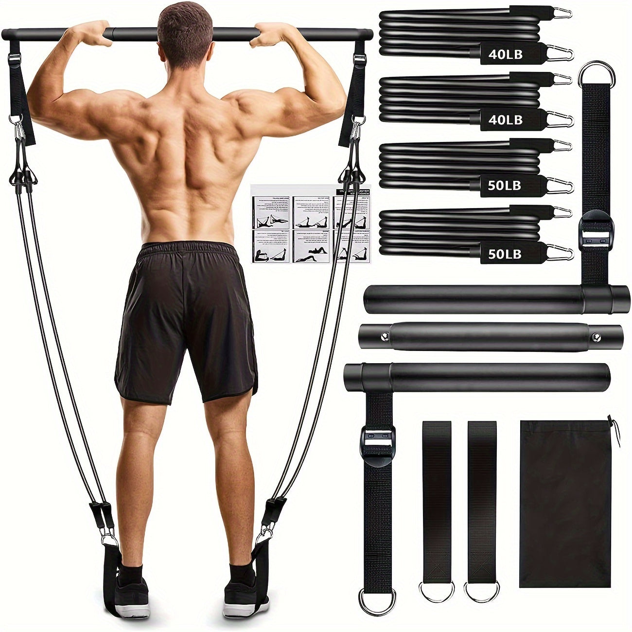 3-Section Pilates Bar Kit – 4 TPE Resistance Bands (40-50 lbs), 2 Ankle Straps & Storage Bag for Legs, Hips