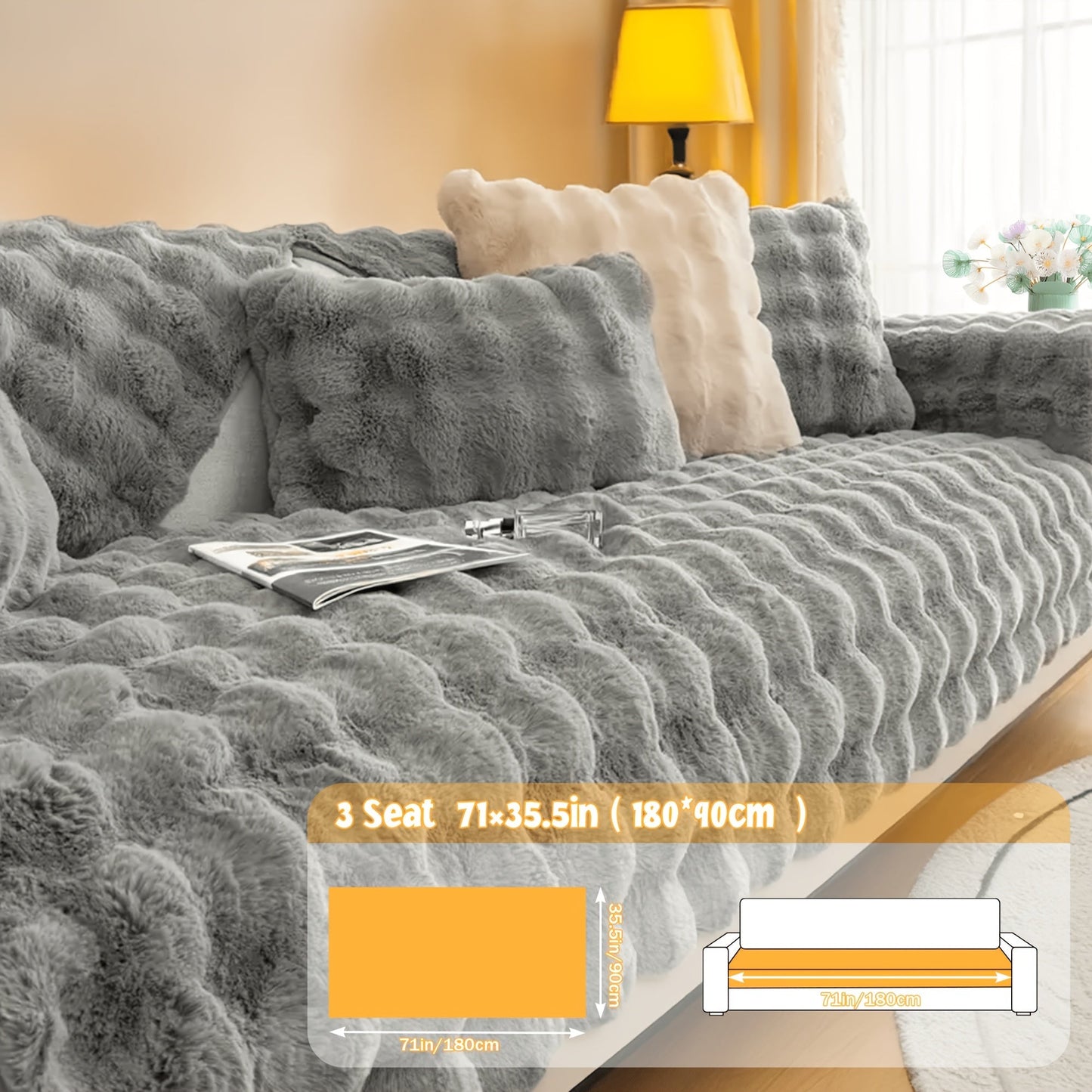 Sofa Cover Bubble Faux Rabbit Fur Panels with Silicone-Dot Backing for Seat, Armrest or Backrest