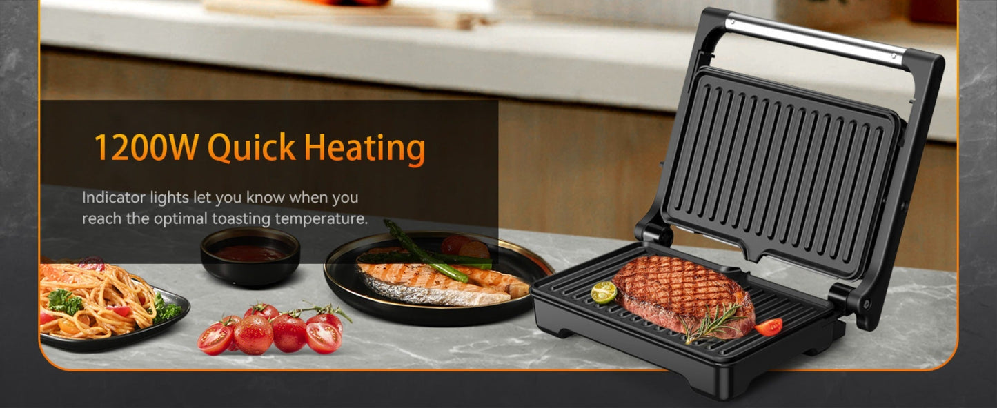 Panini Press Sandwich Maker 1200W, Non-Stick Cast Aluminum Grill with 180-Degree Opening, 2-Slice Panini Maker with Indicator Lights