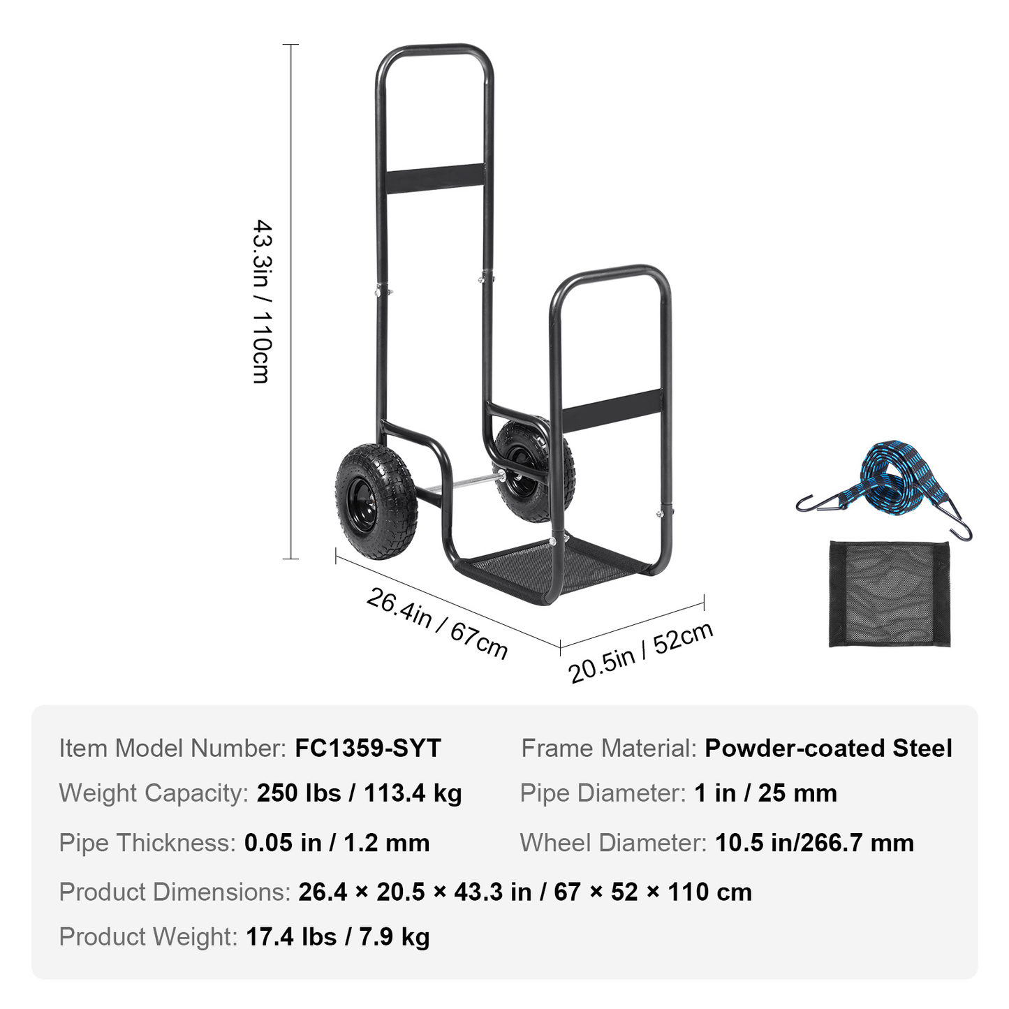 Firewood Log Cart, Carbon Steel Wood Carrier with Pneumatic Rubber Wheels for Garden, Patio and Yard Use