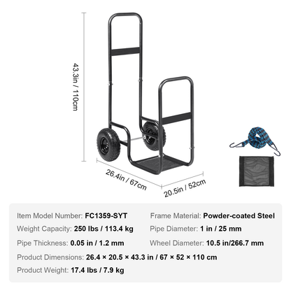 Firewood Log Cart, Carbon Steel Wood Carrier with Pneumatic Rubber Wheels for Garden, Patio and Yard Use