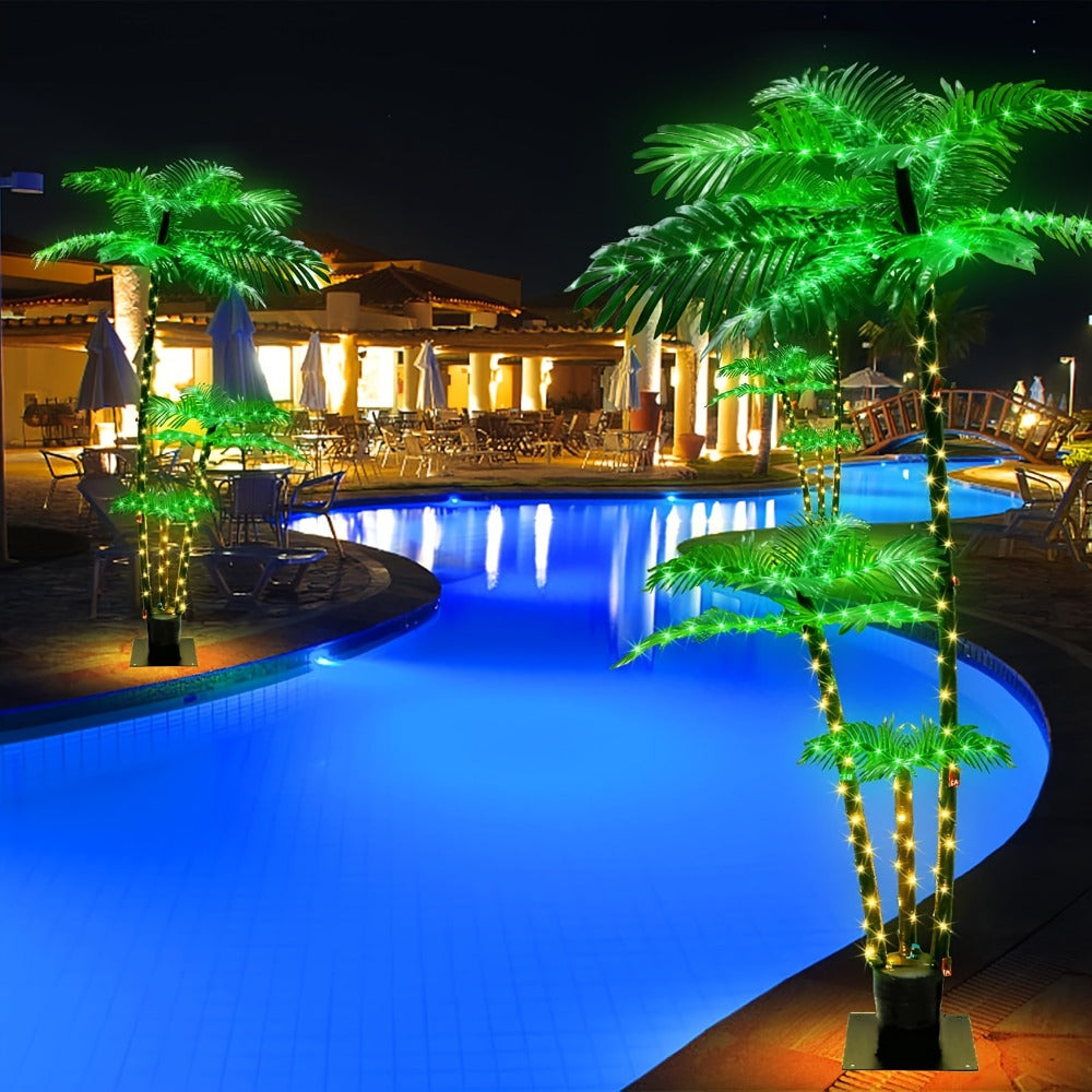 Solar Powered Artificial Palm Tree 7ft Triple Trunk 260 LED Lights 8 Modes Dimmable Timer for Entryways, Bedrooms and Living Spaces