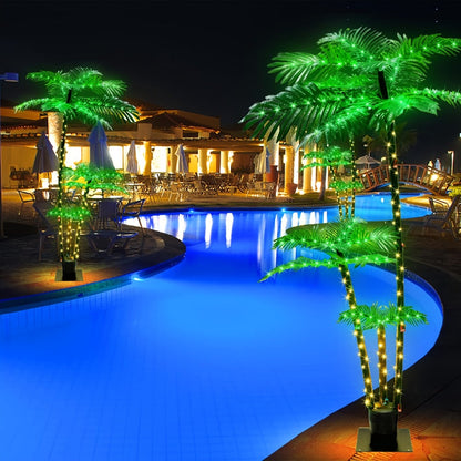 Solar Powered Artificial Palm Tree 7ft Triple Trunk 260 LED Lights 8 Modes Dimmable Timer for Entryways, Bedrooms and Living Spaces