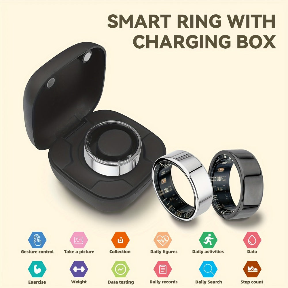 Screenless Smart Ring with Charging Case Options, Black, Gold or Silver Finish and Sizes 7–13