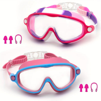 Two-Pack Clear-Lens Swim Goggles with Adjustable Side-Release Straps, Earplugs and Nose Clips