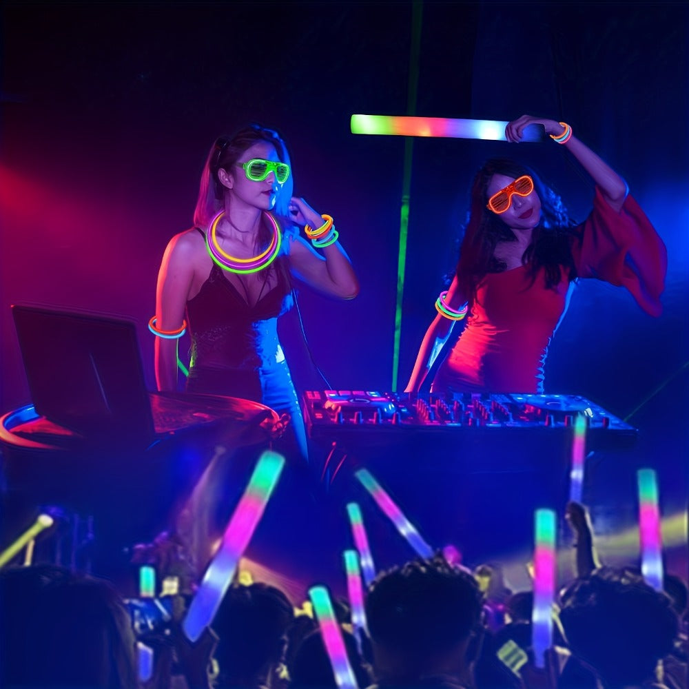 LED Glow Sticks Party Set, Foam Glow Sticks with 3 Light Modes, Glow Glasses, Headbands & Finger Lights for Rave