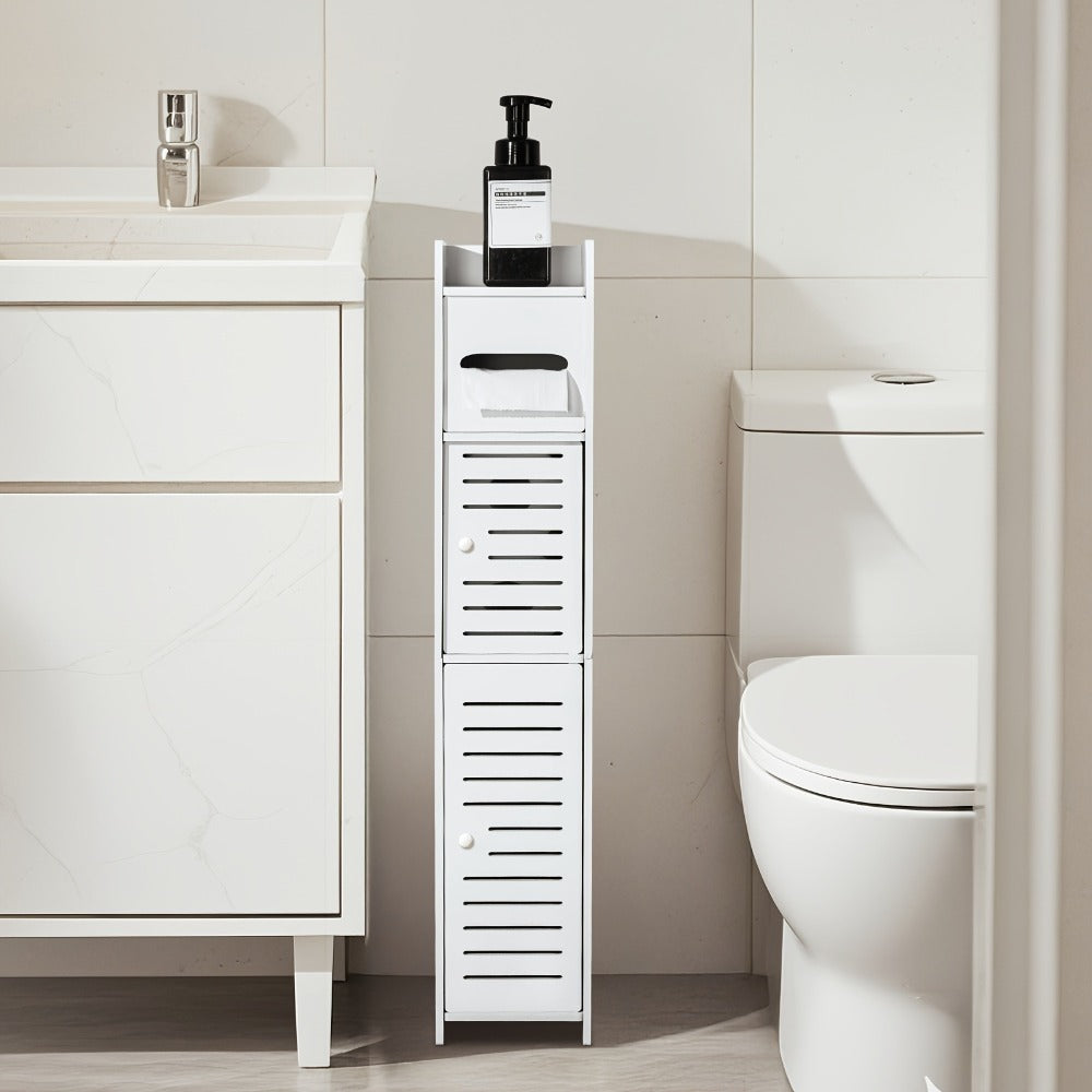 Slim Bathroom Storage Cabinet, PVC Toilet Paper Holder & Organizer for Small Spaces, Easy Assembly