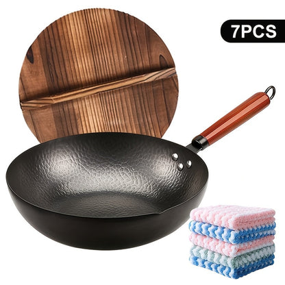 Carbon Steel Wok Set with Lid and 14-Piece Accessory Kit, 12.6 Inch Stir-Fry Pan with Spatula, Brush, Ring and Utensils