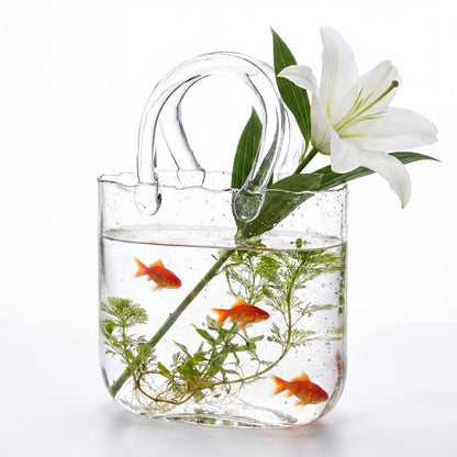 Glass Purse Vase for Flowers Glow in the Dark Vase Fish Bowl Bubble Clear Bag Vase with Handle 7.7x3.9x10.4In Unique Decorative Vases
