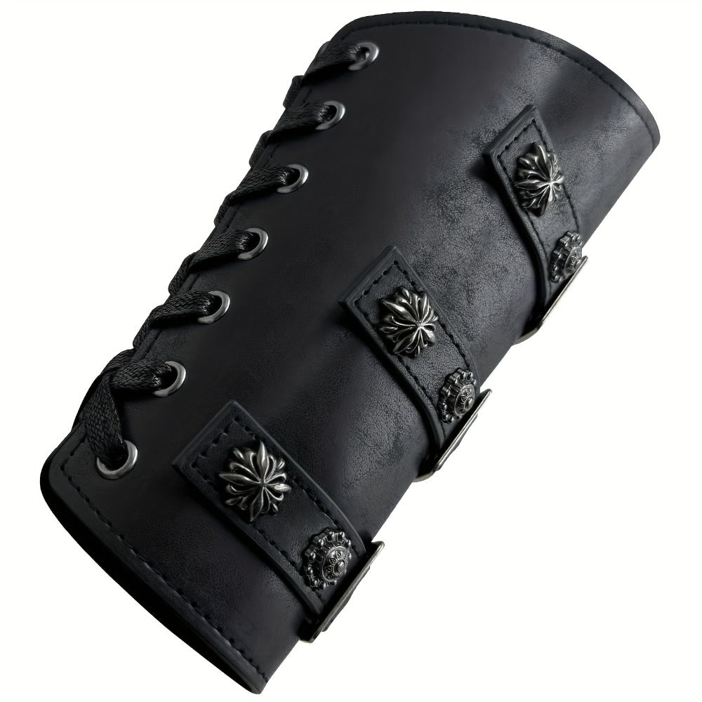 Viking Medieval Leather Arm Guards Bracers – PU Leather Knight Gauntlets Adjustable Metal Buckles Rivets for Men Women Halloween Cosplay