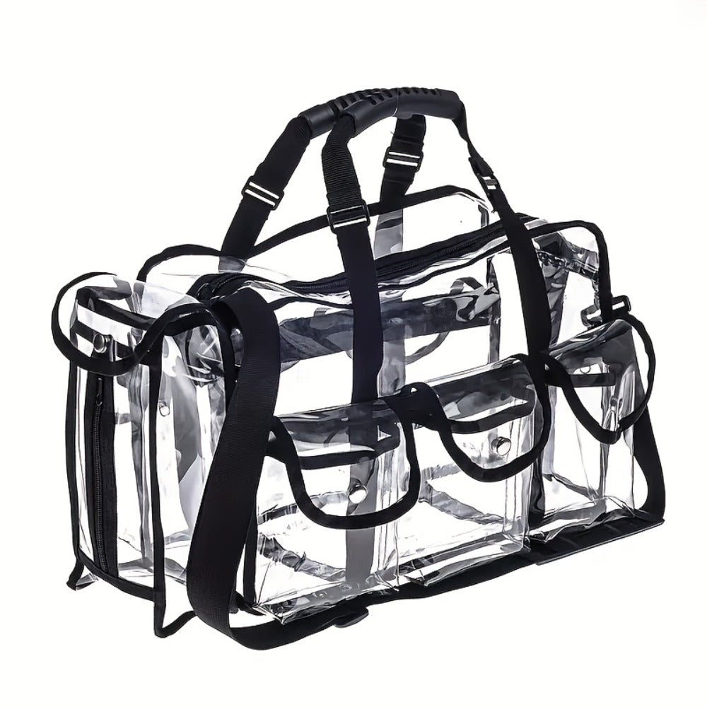 Stadium Approved Clear PVC Tote Bag Extra Large Transparent Shoulder Bag 3 External Pockets Adjustable Straps Waterproof for Men Women