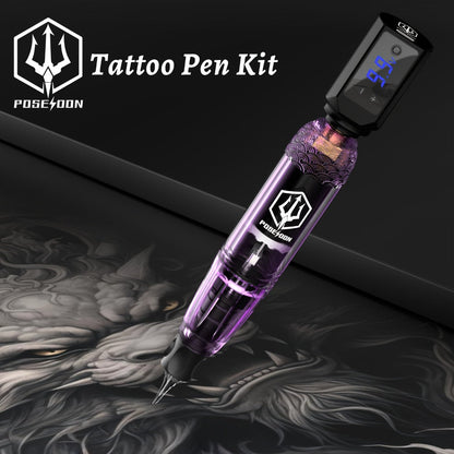 Tattoo Machine Kit POSEIDON TK039 Cordless Rotary Pen with LED Display, 20 Cartridges, 10 Inks and Practice Supplies