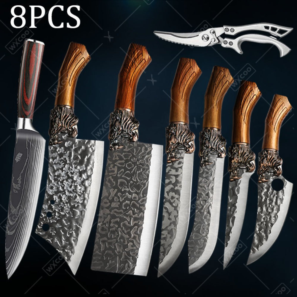 Kitchen Knife Set 8-Piece 5Cr15MoV Stainless Steel with Hammered Blades, Wood-Style Handles and Shears Options