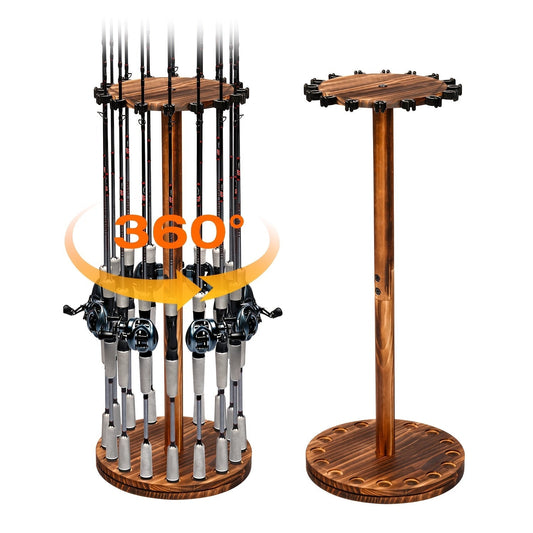 Fishing Rod Rack Holds 16 Rods – Circular Wooden Pole Holder with 360° Rotating Base Option – Space-Saving Wall-Free Fishing Rod Organizer