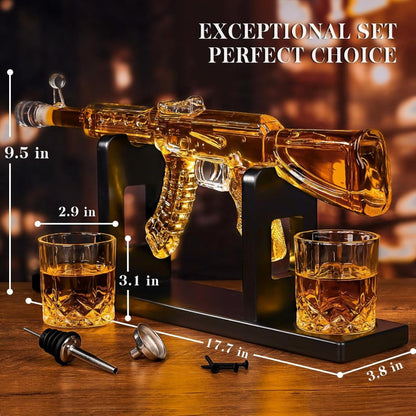 Gun Whiskey Decanter Set with Glasses Military Themed Liquor Dispenser AK47 M1911 Revolver for Entryways, Bedrooms and Living Spaces