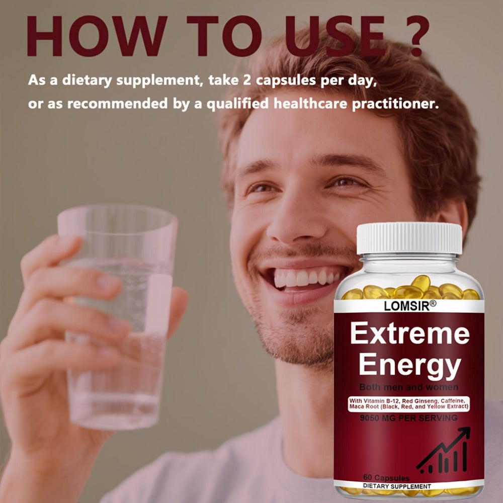 Red Ginseng Energy Capsules 9050mg with Maca & Saw Palmetto, Everyday Vitality & Stamina Supplement for Men & Women