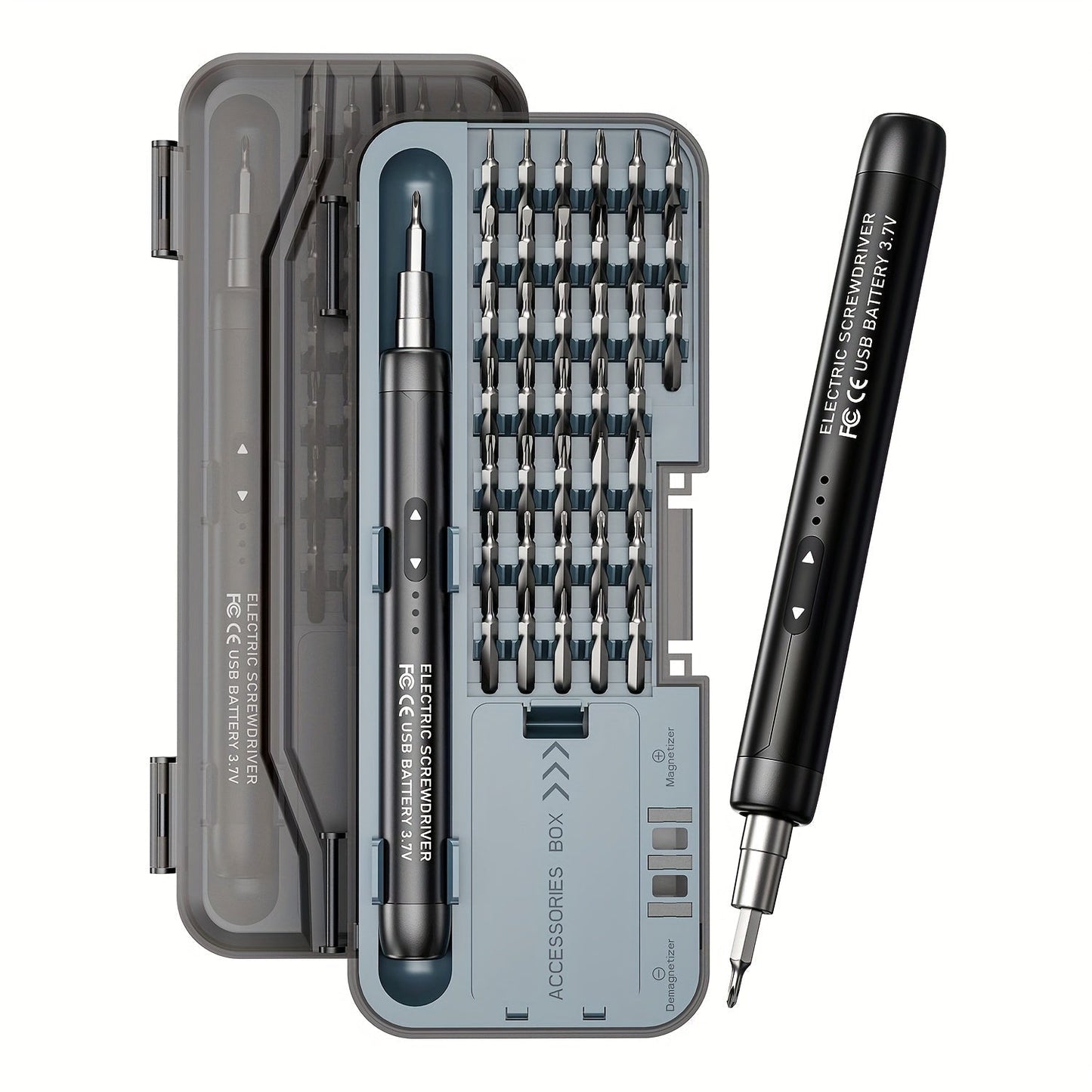 USB-Rechargeable Precision Electric Screwdriver Kit with 38 Magnetic Bits in Five Handle Colors