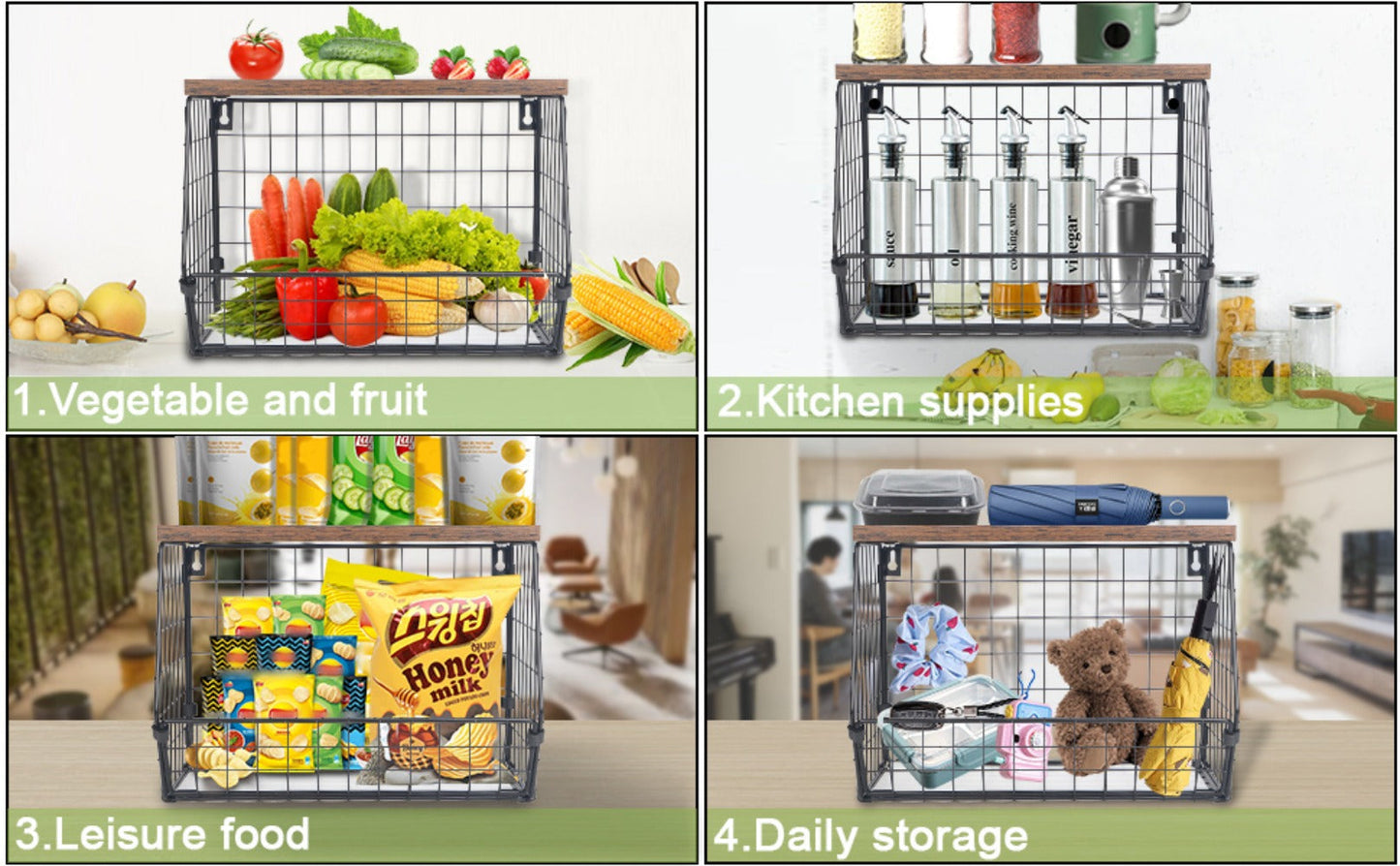 Stackable Metal Wire Fruit Basket with Lid, 1 or 2-Tier Hanging Kitchen Pantry Storage Bin