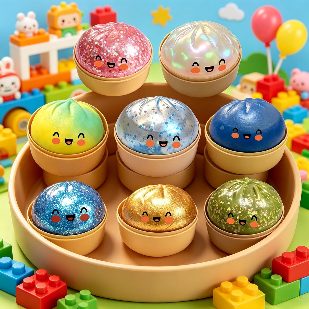 Three-Piece Random Glitter Dumpling Squishy Set with Stretchy Figures in Steamer-Style Containers