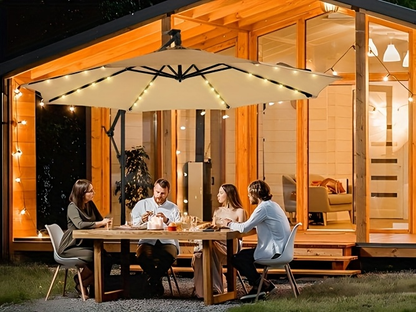 Patio Umbrella 10FT Solar LED Cantilever Style with 32 Lights, Eight-Rib Frame, Tilt and Four Colors