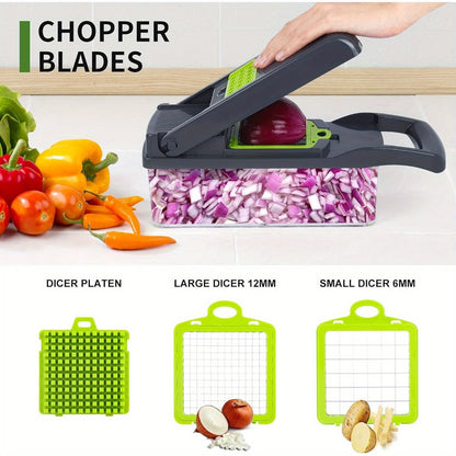 Vegetable Chopper 16-in-1 Manual Food Chopper Set, 8 Interchangeable Blades with Container, Grater & Strainer