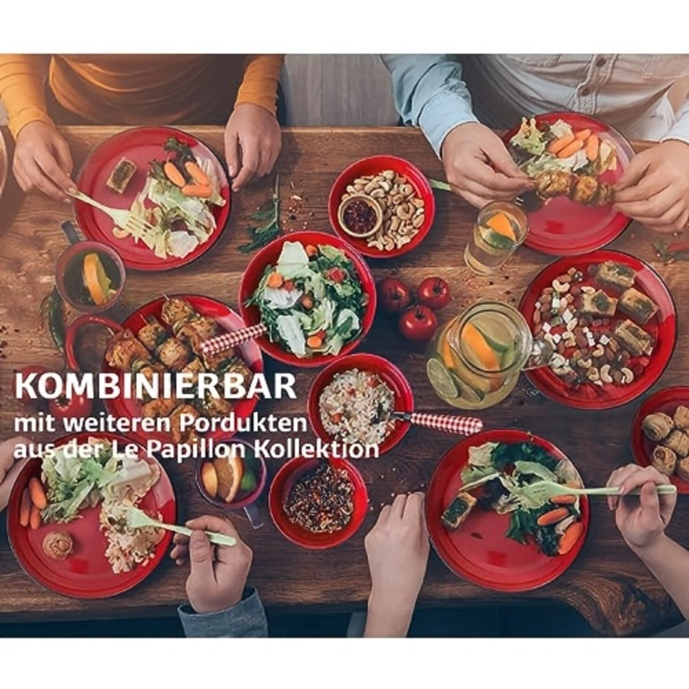 Dinnerware Set Options for Four with Round Plates, Bowls and Cups in Black, Red, Blue, Green or Floral Designs