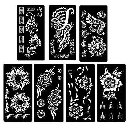 Seven-Piece Floral Tattoo Stencil Set with Paisley and Henna-Style Designs in SM031 or SM032