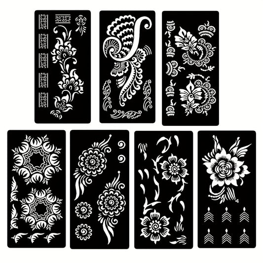 Seven-Piece Floral Tattoo Stencil Set with Paisley and Henna-Style Designs in SM031 or SM032