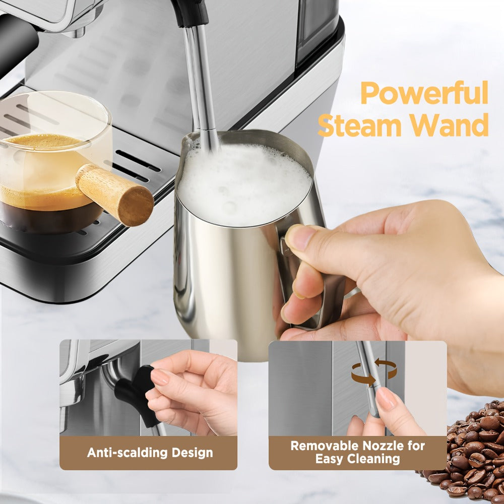 Espresso Machine 20 Bar with Steam Milk Frother, Compact Stainless Steel Espresso Maker, 40oz Removable Water Tank