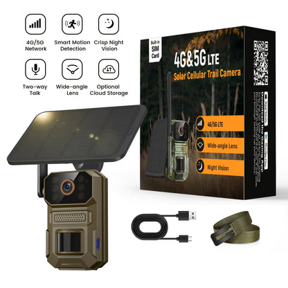 4G LTE Cellular Trail Camera with Solar Panel, 4K Wildlife Monitoring Camera, PIR Motion Sensor, Infrared Night Vision