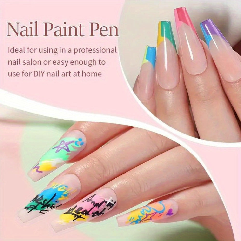 Metal Rod Nylon Brush Nail Art Pen Set 12 Colors – Acrylic Paint Pens for 3D Doodle Dot & Stitching Nail Design