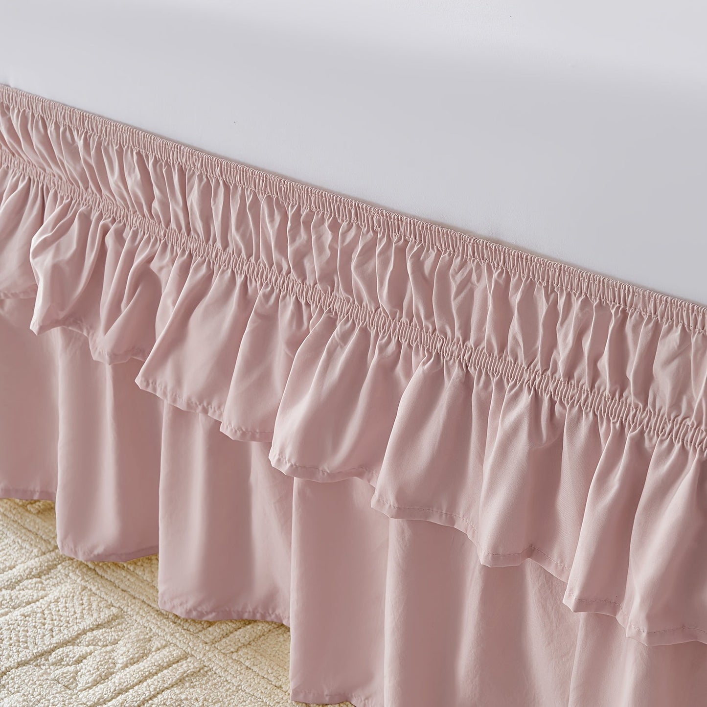 Double Ruffle Bed Skirt 16" Drop, Elastic Wrap Around Dust Ruffle for Twin Full Queen King Bed, Easy Install Linen Poly Blend Bedskirt