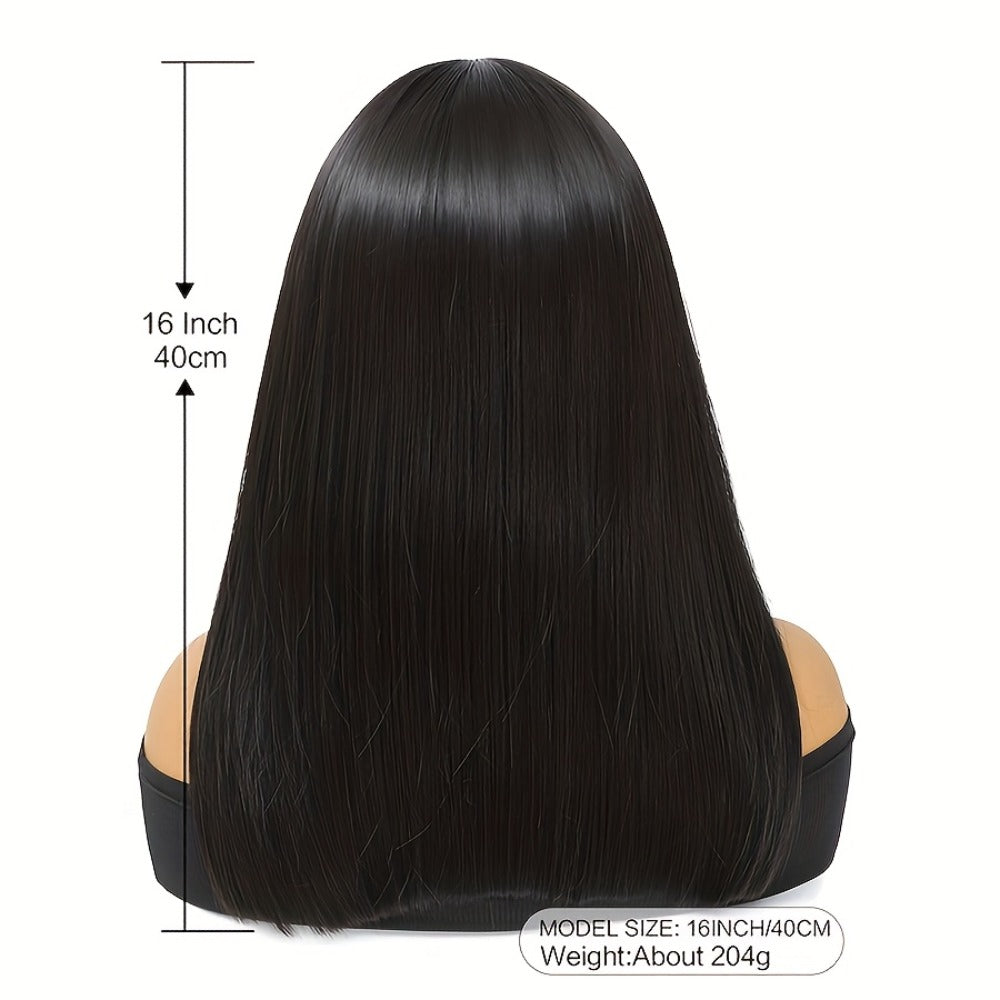 Synthetic Wig 16-Inch Black Straight Blunt Bob with Bangs, 180% Density and Rose Net Cap for Office Wear