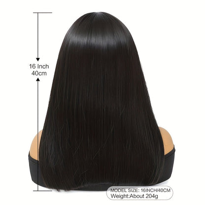 Synthetic Wig 16-Inch Black Straight Blunt Bob with Bangs, 180% Density and Rose Net Cap for Office Wear