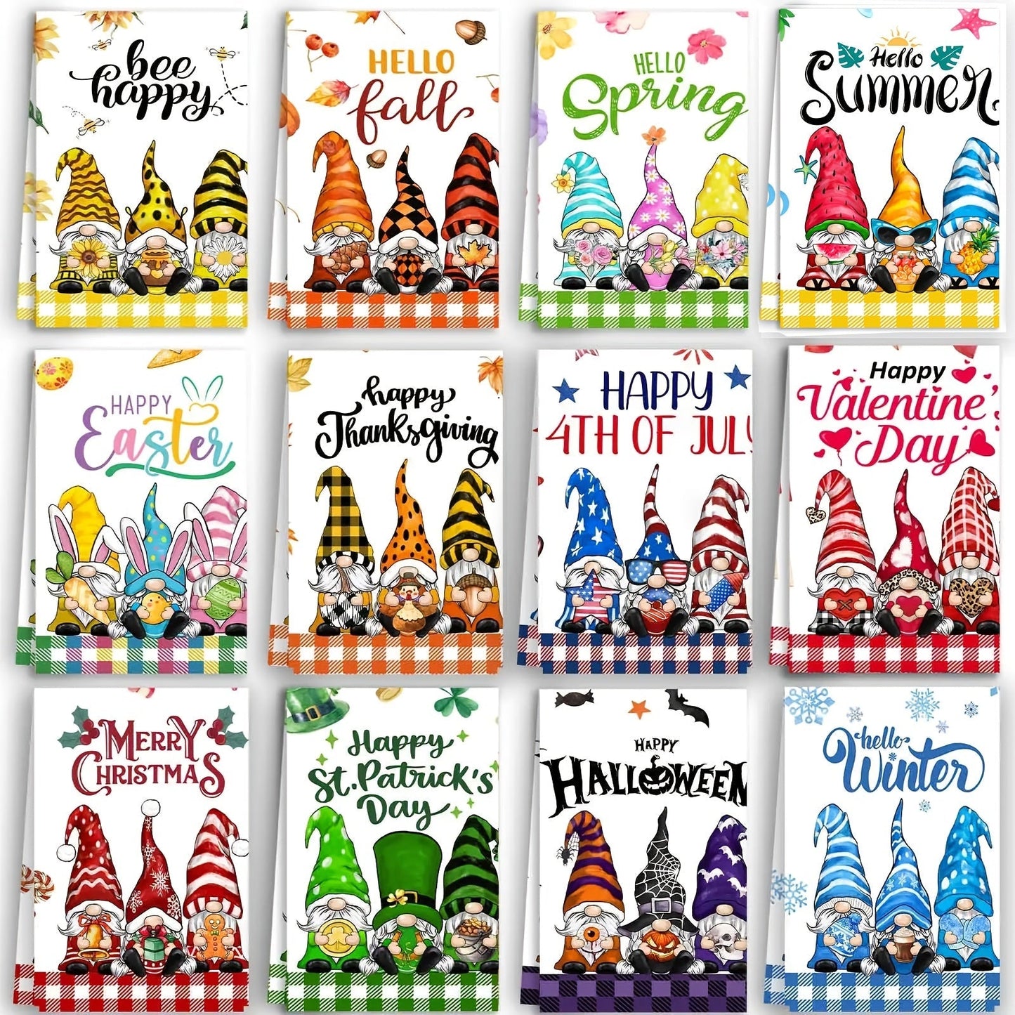Twelve-Piece Seasonal Gnome Kitchen Towel Set, 14 x 21 Inches Each with Spring-to-Winter Prints