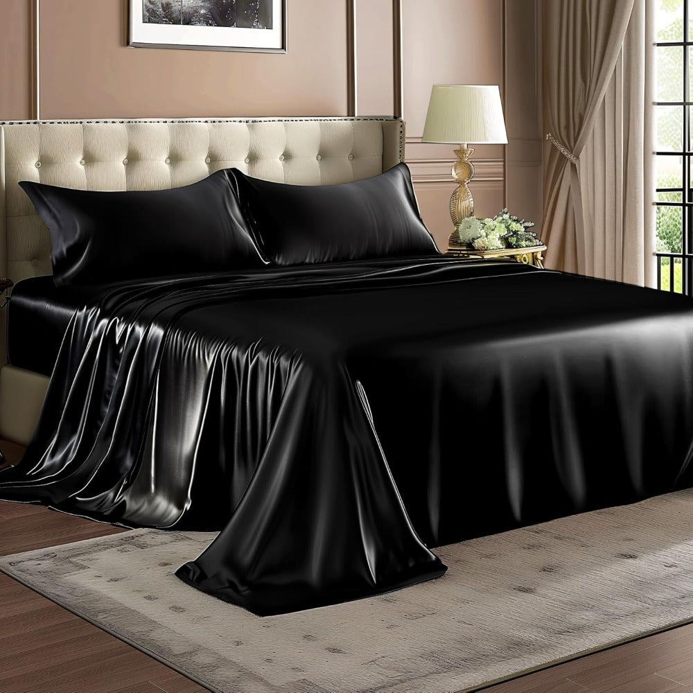 Sheet Set, Satin Bedding with 16-Inch Fitted Pocket, Three- or Four-Piece Size Configuration and Seven Solid Colors