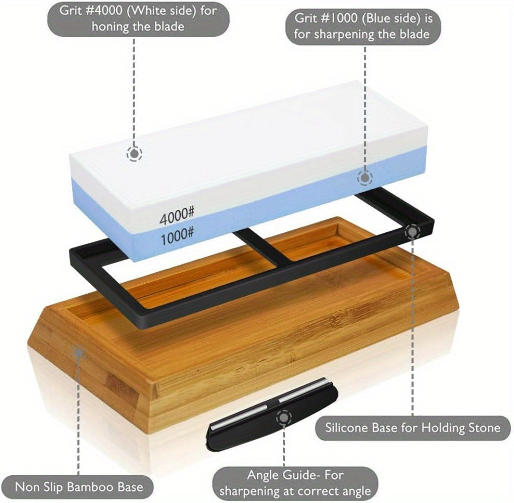 Knife Sharpening Stone 1000/4000 Grit Whetstone Set with Bamboo Base and Angle Guide for Home Cooking, Dining and Outdoor Meals