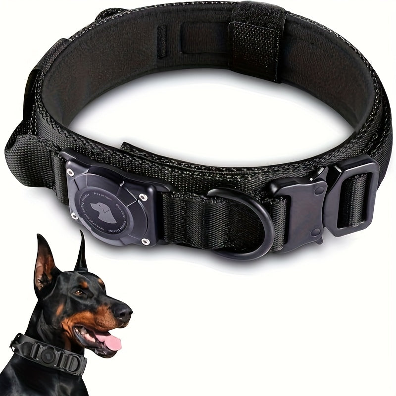 Tactical Dog Collar with AirTag Holder and Handle Adjustable Heavy Duty PC Case GPS Tracking Compatible for Medium Large Dogs M L XL 9