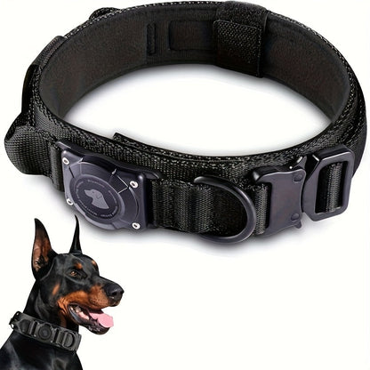 Tactical Dog Collar with Handle and Round Tracker Holder Case in Nine Colors and Sizes M to XL